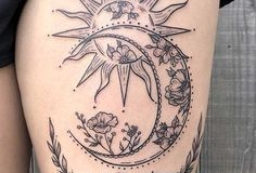 Татуировка : Цветы, Луна, Солнце на бедре