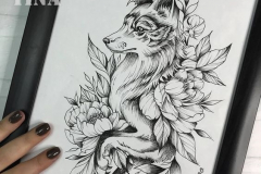 Татуировка : Волк, Животные, Цветы